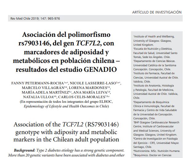 Preview of Asociación del polimorfismo rs7903146, del gen TCF7L2, con marcadores de adiposidad y metabólicos en población chilena - resultados del estudio GENADIO