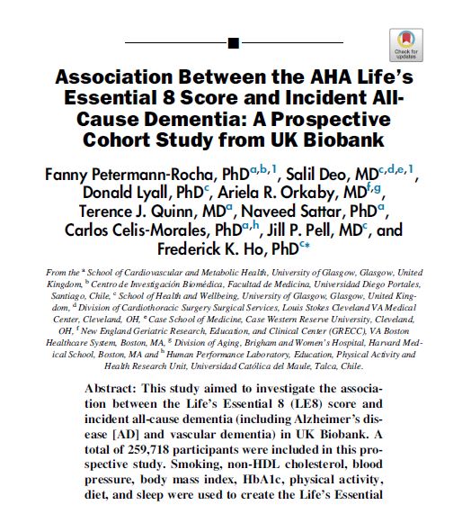 Preview of Association Between the AHA Life's Essential 8 Score and Incident All-Cause Dementia: A Prospective Cohort Study from UK Biobank