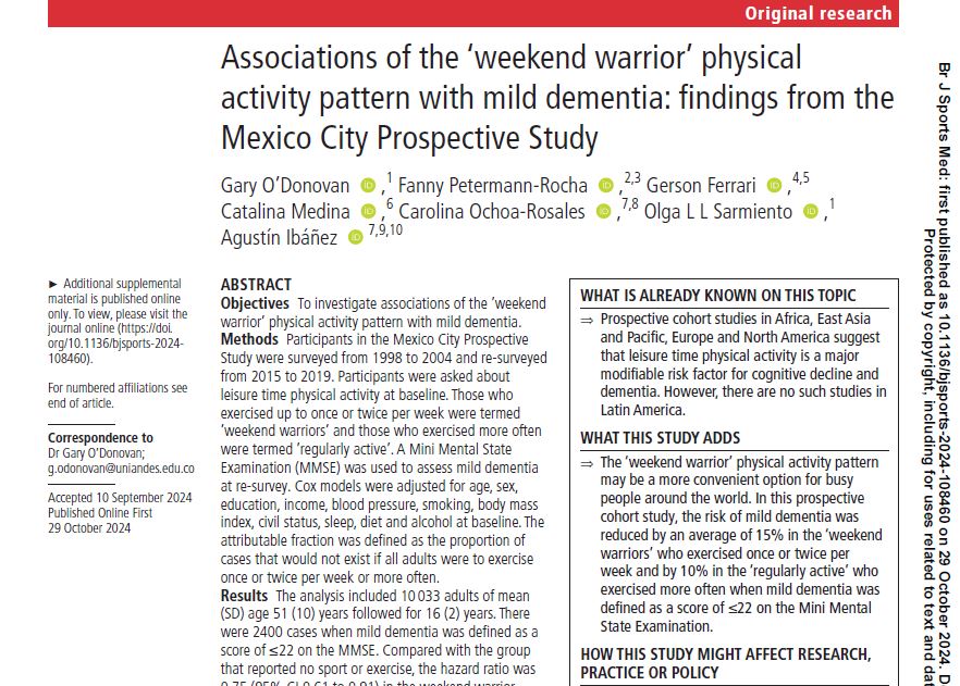 Preview of Associations of the ‘weekend warrior’ physical activity pattern with mild dementia: findings from the Mexico City Prospective Study