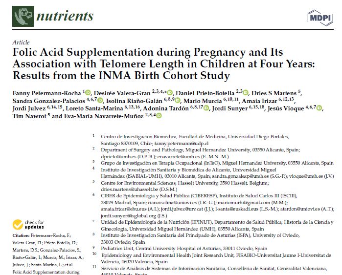 Preview of Folic Acid Supplementation during Pregnancy and Its Association with Telomere Length in Children at Four Years: Results from the INMA Birth Cohort Study