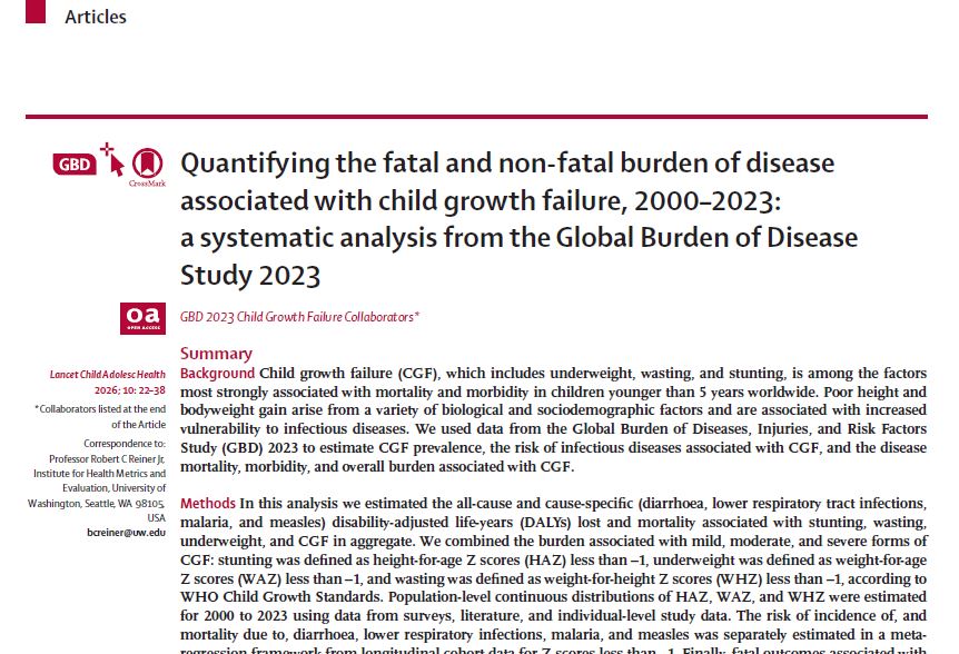 Preview of Quantifying the fatal and non-fatal burden of disease associated with child growth failure, 2000–2023: a systematic analysis from the Global Burden of Disease Study 2023